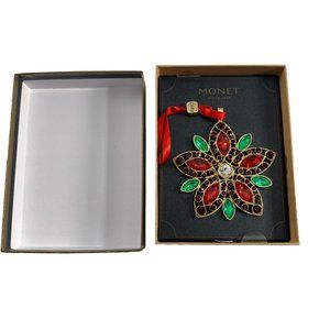 Monet Rhinestone Poinsettia Christmas Holiday Ornament New in Box Red Green 3.5"